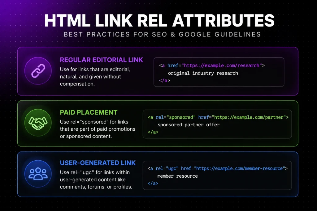 HTML link rel attributes infographic showing regular editorial links, sponsored links, and user-generated links (rel="ugc") for SEO best practices.