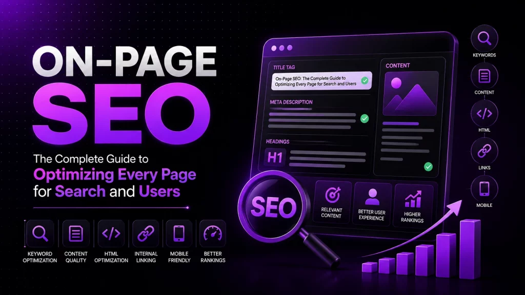 On-Page SEO guide featuring SEO optimization, content, keywords, HTML, internal linking, mobile optimization, and search rankings.