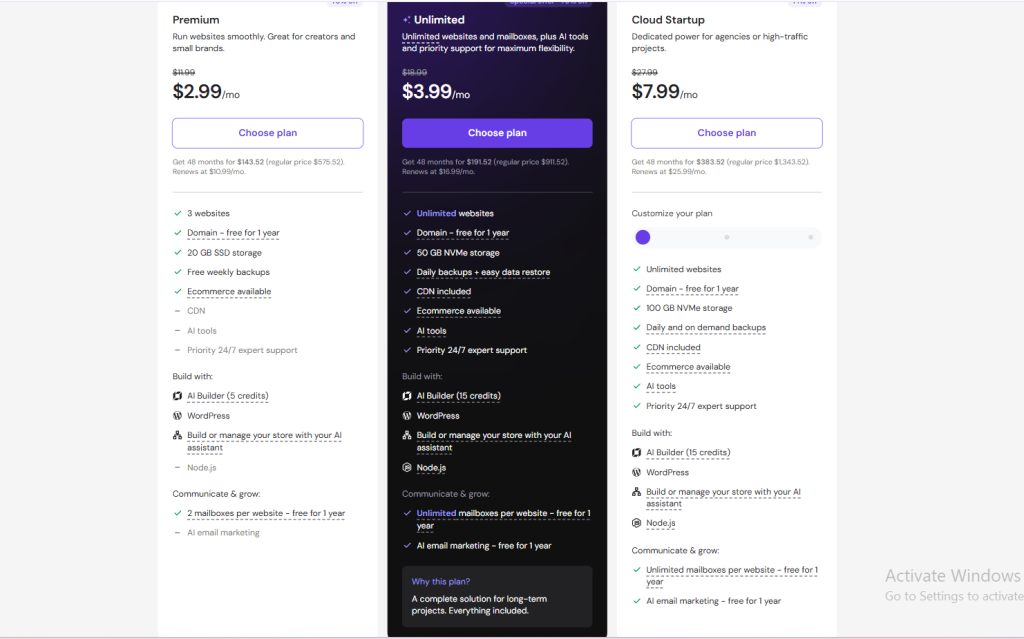 Hostinger hosting plans and pricing table