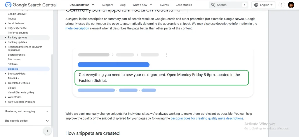 Google Search Central documentation showing meta description best practices for controlling snippets