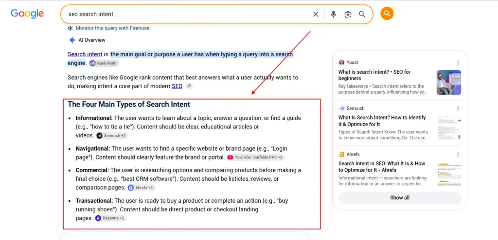 Google AI Overview explaining the four types of SEO search intent, informational, navigational, commercial, transactional