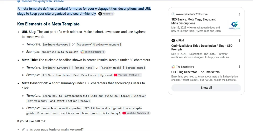Google AI Overview showing an SEO meta template with title tag, meta description, and URL slug formulas