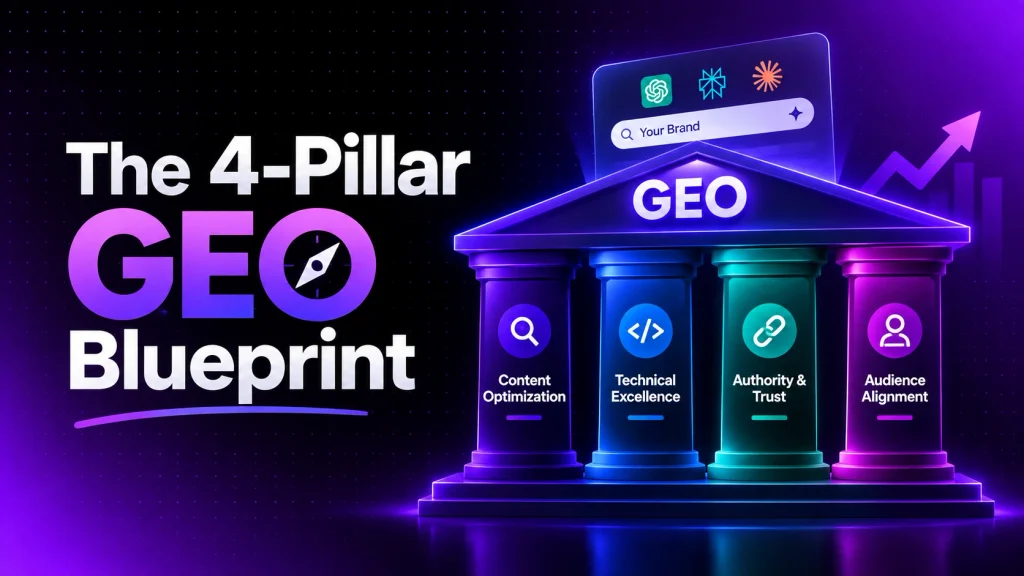 The 4-Pillar GEO Blueprint featuring content optimization, technical excellence, authority and trust, and audience alignment