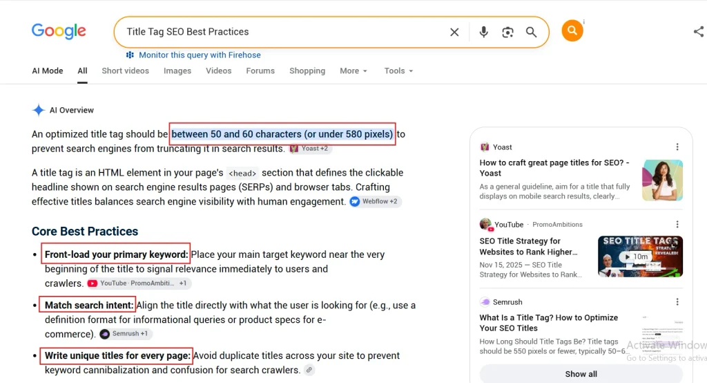 Google AI Overview outlining title tag SEO best practices including keyword placement and character length