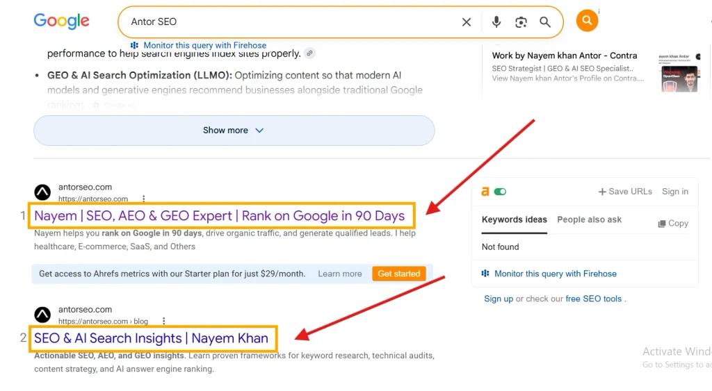 Google AI Overview outlining title tag SEO best practices including keyword placement and character length