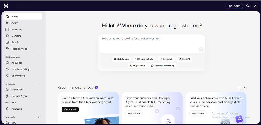 Hostinger hPanel dashboard overview